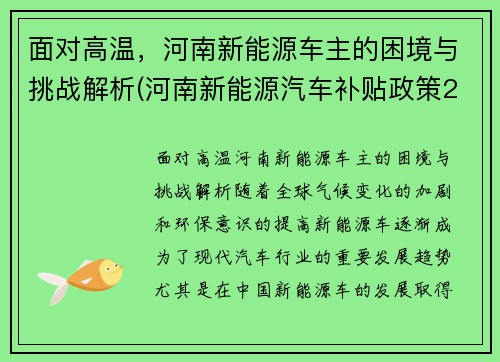 面对高温，河南新能源车主的困境与挑战解析(河南新能源汽车补贴政策2020)