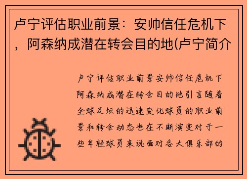 卢宁评估职业前景：安帅信任危机下，阿森纳成潜在转会目的地(卢宁简介)