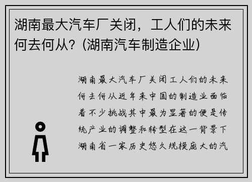 湖南最大汽车厂关闭，工人们的未来何去何从？(湖南汽车制造企业)