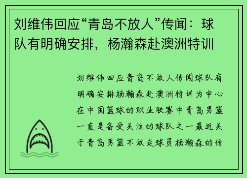 刘维伟回应“青岛不放人”传闻：球队有明确安排，杨瀚森赴澳洲特训