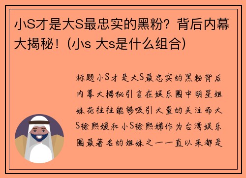 小S才是大S最忠实的黑粉？背后内幕大揭秘！(小s 大s是什么组合)