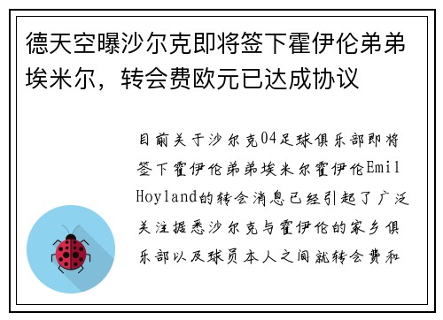德天空曝沙尔克即将签下霍伊伦弟弟埃米尔，转会费欧元已达成协议