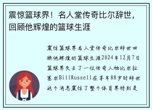 震惊篮球界！名人堂传奇比尔辞世，回顾他辉煌的篮球生涯