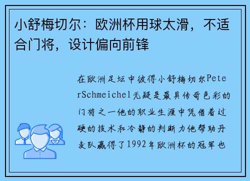 小舒梅切尔：欧洲杯用球太滑，不适合门将，设计偏向前锋