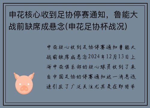 申花核心收到足协停赛通知，鲁能大战前缺席成悬念(申花足协杯战况)